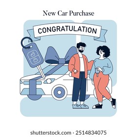 Concepto de compra de coche Nuevo. Una pareja celebra la compra de un coche nuevo con una llave gigante y una cinta. Alegría y orgullo de ser dueño de un vehículo. Ilustración vectorial.