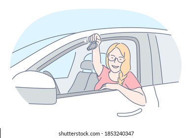 New car purchase, happy owner of new vehicle concept. Young blonde smiling woman cartoon character sitting in new white car and holding keys after purchase in transport car salon office