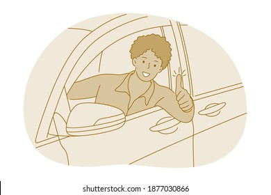 New car purchase, happy owner of new vehicle concept. Young smiling man cartoon character sitting in new white car and showing thumbs up sign after purchase in transport car salon office