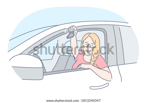 New car purchase, happy owner of new vehicle\
concept. Young blonde smiling woman cartoon character sitting in\
new white car and holding keys after purchase in transport car\
salon office