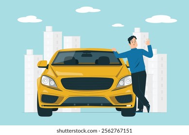 New car purchase illustration. Man standing next to his new car, representing car ownership and achievement.