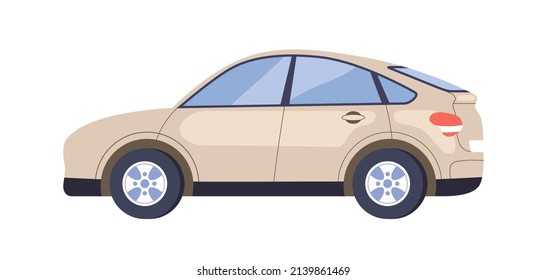 New car, side view. Hatchback auto. Automobile, modern road transport, vehicle with wheels. Abstract realistic model. Flat cartoon vector illustration isolated on white background