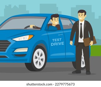 New car test drive at dealership. Manager and customer are talking. Close-up view. Flat vector illustration template.