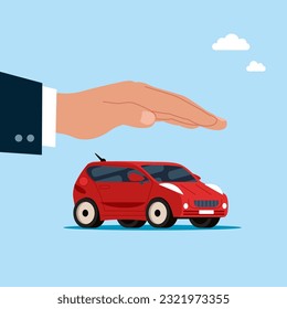 New car under strong hand insurance agent protection shield. Automobile insurance, accident protection, safety or assurance service. Flat vector illustration 