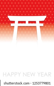 New Year’s card template with a gateway to a Shinto shrine and text space, vector illustration.