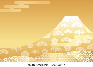 New Year’s card template with gold Mt. Fuji, vector illustration.