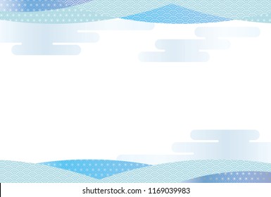 New Year’s card template with Japanese traditional pattern and auspicious items, vector illustration.  