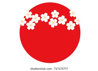 A New Year’s card template with a red circle and white cherry blossom petals. 