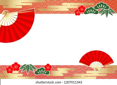 New Year’s card template with traditionally auspicious items in Japan, such as pines, bamboos, fans, and plum flowers.