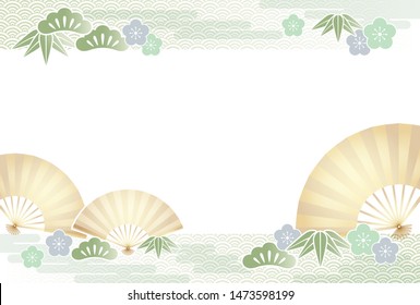 New Year’s card template with traditionally auspicious items in Japan, such as pines, bamboos, gold fans, and plum flowers.