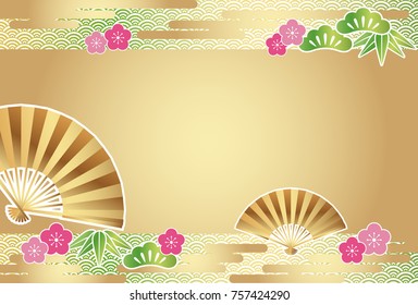 A New Year’s card template with traditionally auspicious items in Japan, such as pines, bamboos, and plum flowers.