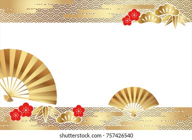 A New Year’s card template with traditionally auspicious items in Japan, such as pines, bamboos, and plum flowers.