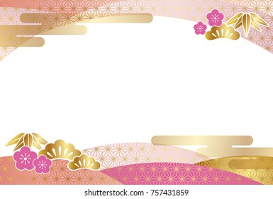 A New Year’s card template with traditionally auspicious items in Japan, such as pines, bamboos, and plum flowers.