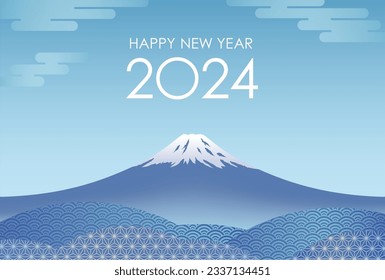 New Year’s Card Vector Template With Blue Mt. Fuji Decorated With Vintage Japanese Patterns.