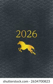 New Year’s card for the Year of the horse 2026, golden horse silhouette and the year 2026, Japanese pattern background with blue sea waves, Vector Illustration