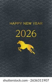 New Year’s card for the Year of the horse 2026, golden horse silhouette and the year 2026, Japanese pattern background with blue sea waves, Vector Illustration