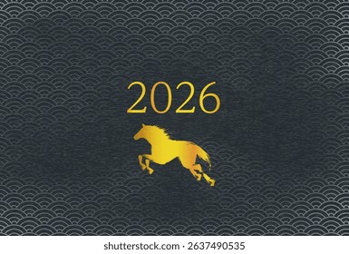 New Year’s card for the Year of the horse 2026, golden horse silhouette and the year 2026, Japanese pattern background with blue sea waves, Vector Illustration