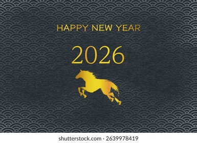 New Year’s card for the Year of the horse 2026, golden horse silhouette and the year 2026, Japanese pattern background with blue sea waves, Vector Illustration