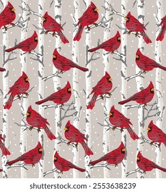 New Cardinal birds in the birch trees winter season holiday 2025 Christmas theme.