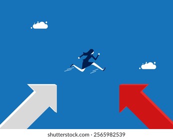 New Career, Businesswoman jumps and changes direction to opposite arrow