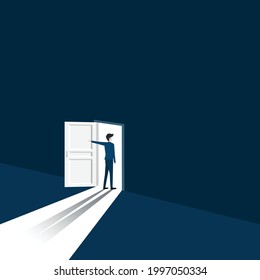 New career concept. Businessman opens the door looking for the opportunity for new work. Beginning of business career. Leadership, Startup, Vision, Vector illustration flat
