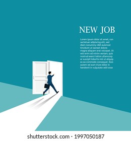 New career concept. Businessman walking go open in the door looking for the opportunity for new work. Beginning of business career. Leadership, Startup, Vision, Vector illustration flat