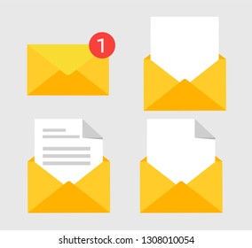 New cartoon set icons of New Message, Mail, E Mail, Envelope icons on Yellow color. Can use for printing, website, presentation element. For app demo on phone. White background.