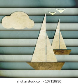 new cartoon style image with boats cloud and seagulls can use like nautical design