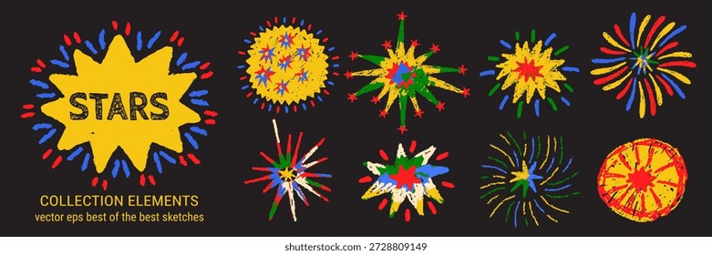 Nuevo fondo de celebración con fuegos artificiales de crayón dibujados a mano y confeti. Anuncios de Sitio web para festivales que incorporan arte de fuegos artificiales de crayón dibujado a mano.
