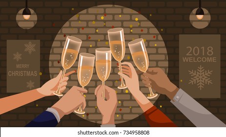 New Year’s celebration. Hand held glass. Group of people cheering with champagne and Clink glasses. Congratulations on the party together. vector illustration. Isolated restaurant interior background.