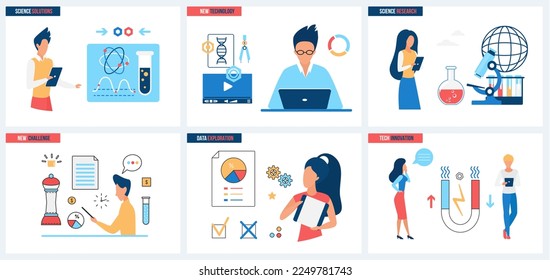 New challenge in data exploration, science solutions and tech innovation set vector illustration. Cartoon tiny people research physics and chemistry in scientific experiments with lab equipment