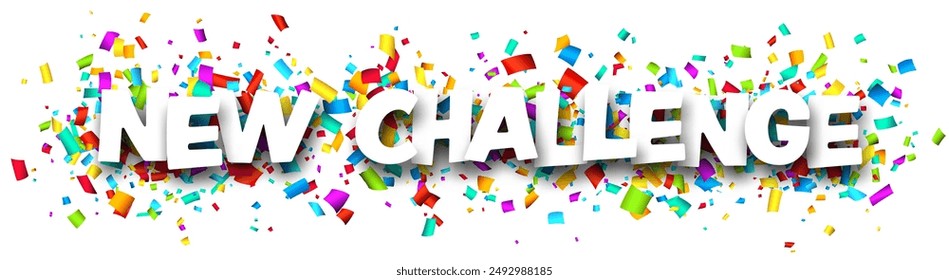 New challenge sign over colorful cut ribbon confetti background. Vector illustration.