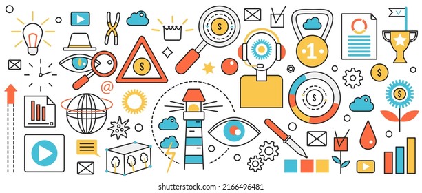New challenges and business achievement. Abstract magnifying glass for goals search, money growth and support, bright light bulb creative idea in infographic concept banner, thin line art design