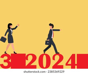 New challenges and opportunities in 2024. Walking into the 2024, 2024 business start up of business man and woman