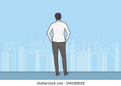 New chances, Possibilities, business Success concept. Back of businessman standing in office near big window looking at big city scape for new possibilities and development vector illustration 