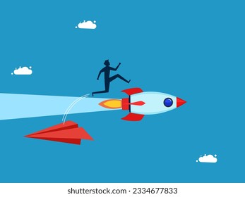 new changes. Businessman jumping from paper plane to rocket 