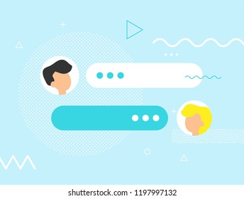 New Chat messages notification on blue backdrop. Flat design illustration vector bubbles, geometric elements on screen, person chatting, online support, Internet virtual assistant concept