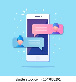 New chat messages notification on mobile phone. Sms bubbles on cellphone screen. People chatting. Vector flat design