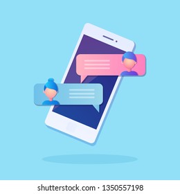 New chat messages notification on mobile phone. Sms bubbles on cellphone screen. People chatting. Vector flat design