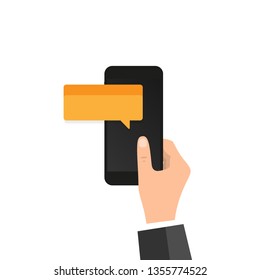 New Chat messages notification on phone flat design messages bubbles on screen, person chatting on mobile. Person's avatars
