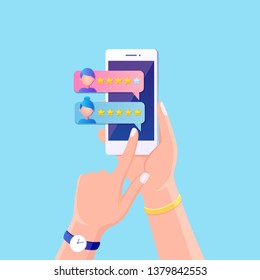 New chat messages notification on mobile phone. Sms bubbles on cellphone screen. Star rating. Client feedback, customer review. Survey for marketing service. People chatting. Vector flat design