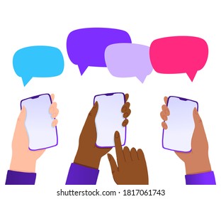 New chat messages notification on mobile phone. Sms bubbles on cellphone screen. People chatting. Vector flat design