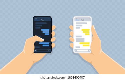 New chat messages notification on mobile phone. Chat app social network template in dark and light theme on smartphone. Sms bubbles on cellphone screen. Quarantine spare time, covid pandemic