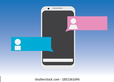 New Chat messages notification on phone flat design messages bubbles on screen, person chatting on mobile. Person's avatars