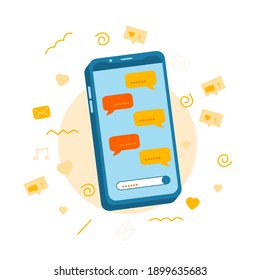 New Chat messages notification on phone flat design messages bubbles on screen, person chatting on mobile. Chatting bubble speeches, concept of online talking, speak, conversation, dialog