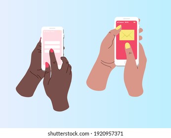 New chat messages notification on mobile phone. People chatting. Vector flat cartoon illustration for web sites and banners design