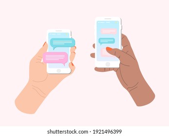 New chat messages notification on mobile phone. Sms bubbles on cellphone screen. Vector flat cartoon illustration for web sites and banners design