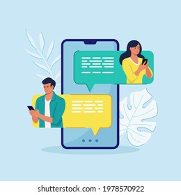 New chat messages notification on mobile phone. Sms bubbles on cellphone screen. People chatting. Vector flat design