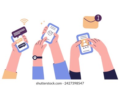 New chat messages notification on mobile phone. Sms bubbles on cellphone screen. People chatting. Vector flat design