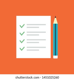 New Checklist flat icon. Document with green ticks check marks. Checklist and pen. 